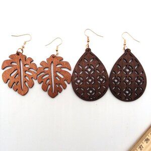 Earrings 2pr Hollow Cut Wood Bohemian Dangle Boho Carved Hippie Trendy Stylish